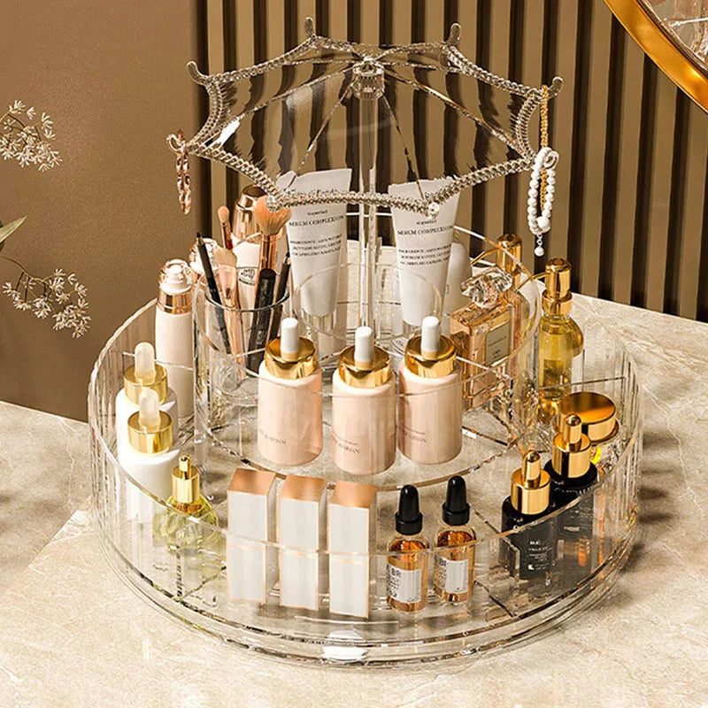 Clarify.pk 360 degree makeup organizer with clear rotating compartments holding various cosmetics and skincare bottles