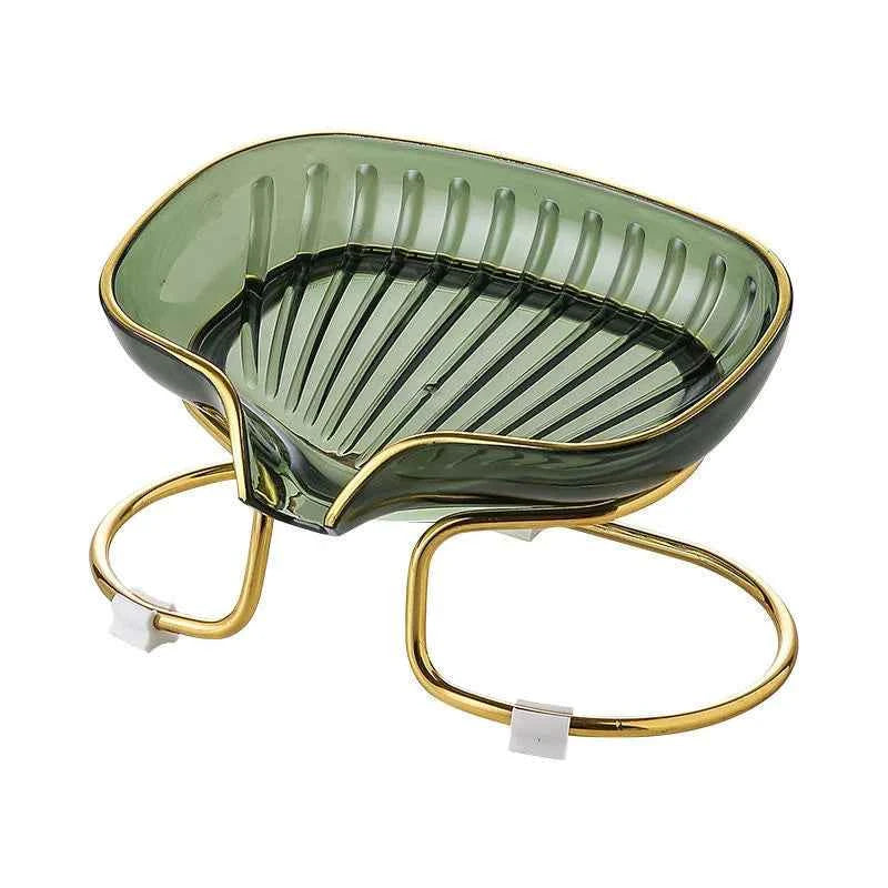 Elegant luxury bathroom soap dish in green glass with gold accents and stylish design
