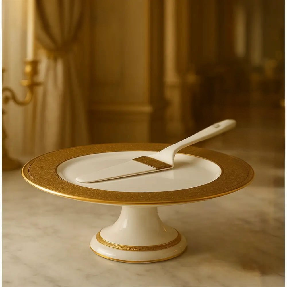 Elegant luxury cake stand with server featuring white and gold detailing ideal for special occasions