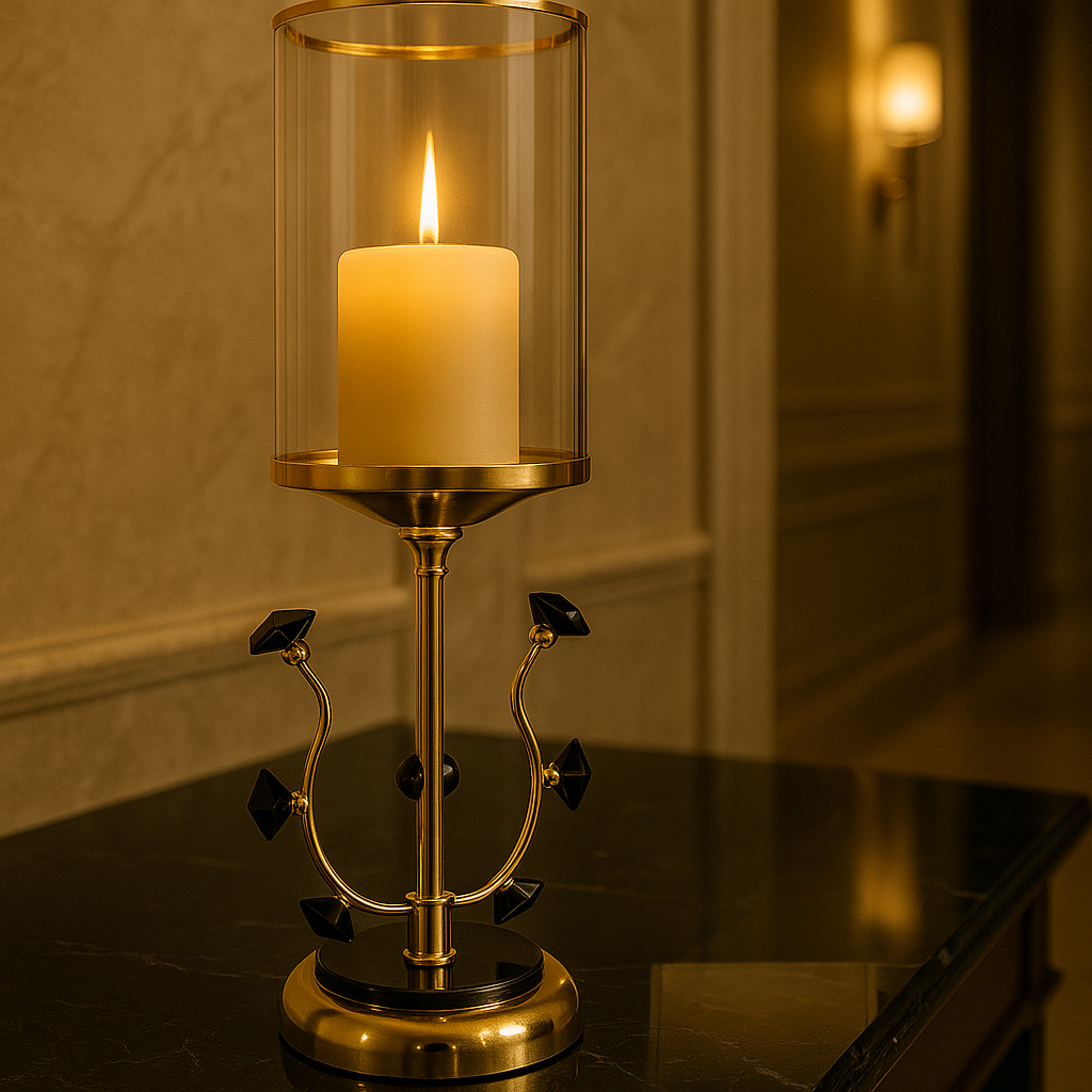 Luxury candle stand gold black with glass cover and decorative black accents on a dark surface