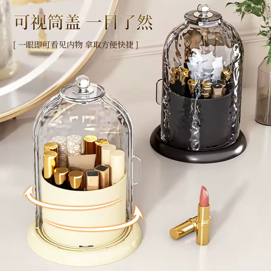 Luxury cosmetics storage box with transparent lid and rotating compartments for makeup organization