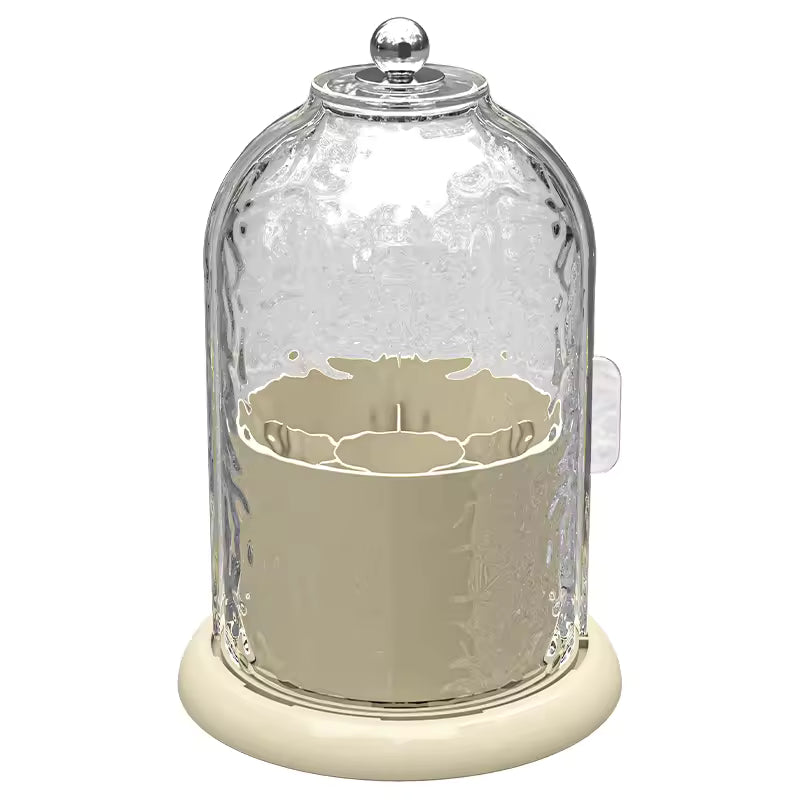 Clarify.pk luxury cosmetics storage box with clear glass dome and beige base for elegant makeup organization