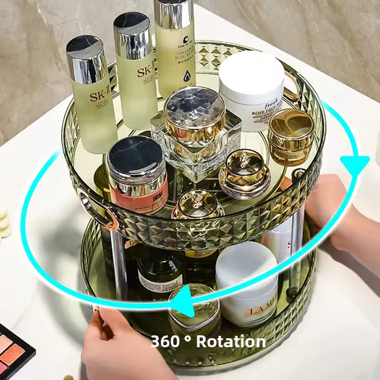 Clarify.pk luxury cosmetics storage rack with 360 degree rotation holding skincare bottles and jars