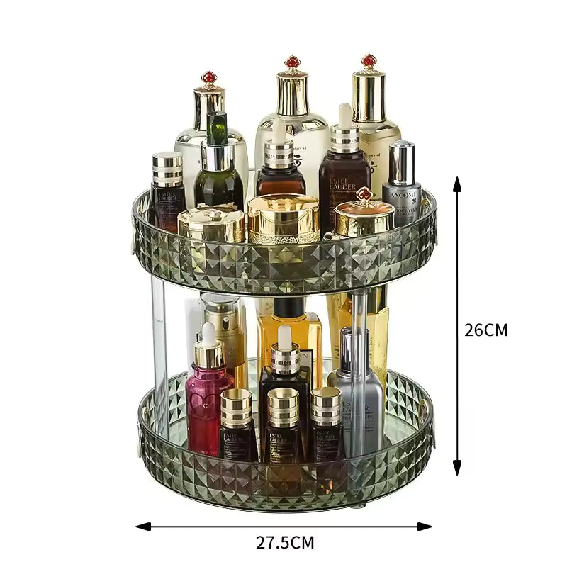 Luxury cosmetics storage rack with two rotating tiers holding various beauty products