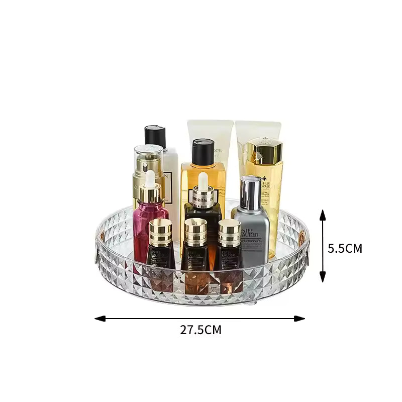 Clear luxury cosmetics storage rack by Clarify.pk with round design holding various skincare bottles