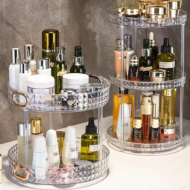 Luxury cosmetics storage rack by Clarify.pk with two-tier clear acrylic design holding various skincare bottles