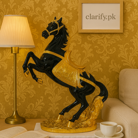 Luxury horse statue decor in black and gold displayed on a table next to a lamp and coffee cup