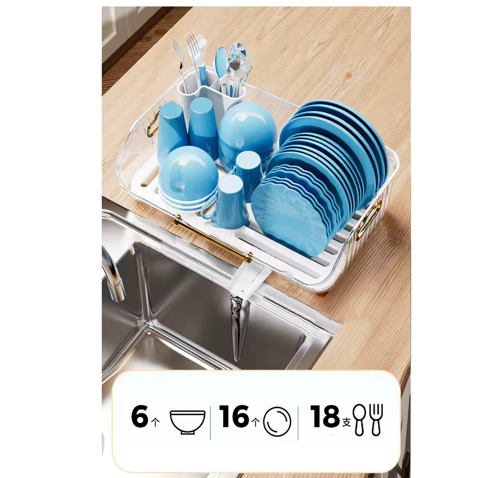Luxury kitchen dish drainer with blue plates bowls cups and cutlery holder on wooden countertop