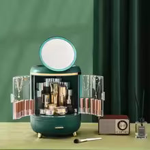 Luxury makeup organizer with LED mirror desktop storage box displaying cosmetics and lipsticks
