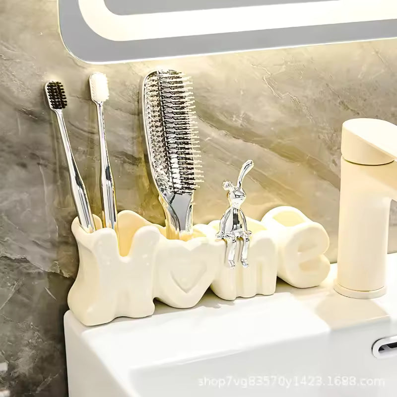Luxury toothbrush holder for bathroom in white with love design holding toothbrushes and a hairbrush