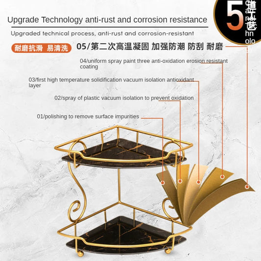 Luxury vanity shelf for bathroom with gold metal frame and black marble tiers by Clarify.pk