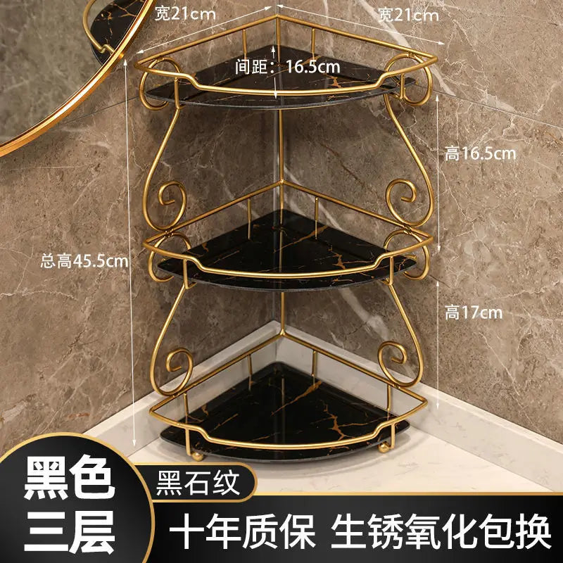 Clarify.pk luxury vanity shelf for bathroom with three black marble corner shelves and gold frame