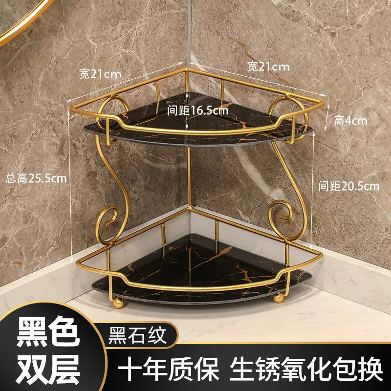 Luxury vanity shelf for bathroom with dual black marble shelves and gold frame corner design