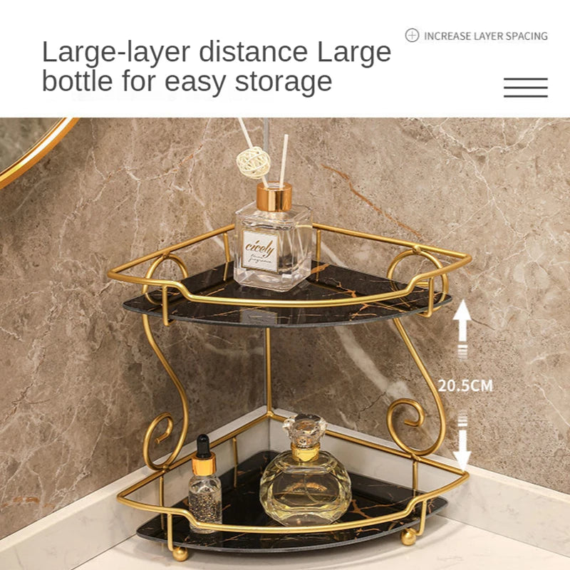 Luxury vanity shelf for bathroom with two black marble tiers and gold metal frame for easy storage