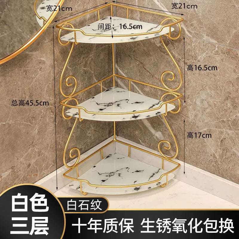 Clarify.pk luxury vanity shelf for bathroom with three-tier marble and gold corner design