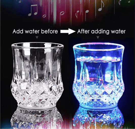 Magic light up acrylic mug showing clear mug before water and colorful illuminated mug after adding water
