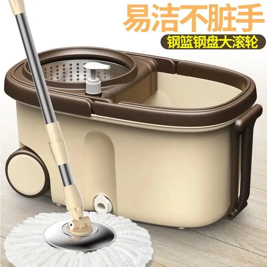 Clarify.pk clamping type magic spin mop bucket with beige and brown bucket and mop on wooden floor