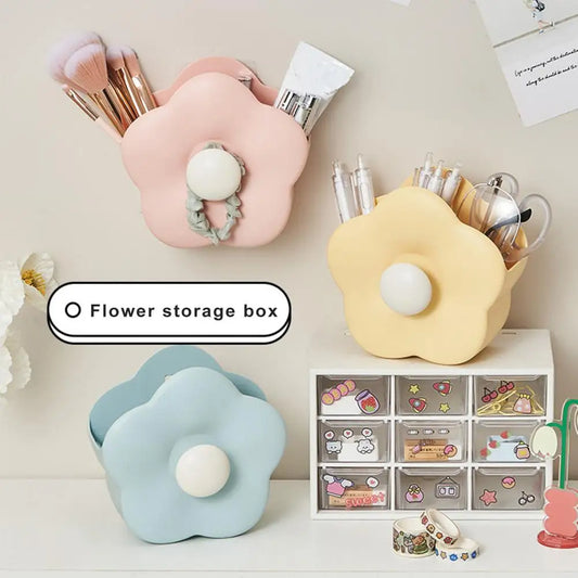 Clarify.pk flower-shaped makeup brush organizer box in pink yellow and blue for stylish storage