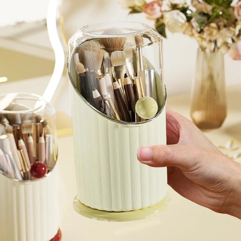 Clarify.pk makeup brush storage box with transparent lid holding multiple makeup brushes in white cylinder