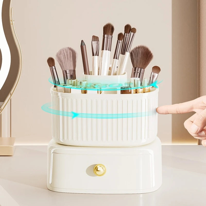 Clarify.pk white makeup brush storage box with rotating compartments and drawer for easy organization