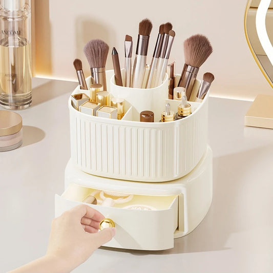 Clarify.pk white makeup brush storage box with multiple compartments and a pull-out drawer for cosmetics organization