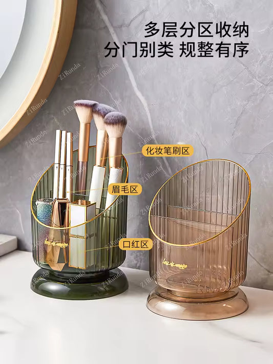 Clarify.pk makeup brush storage organizer with multiple compartments holding brushes and cosmetics