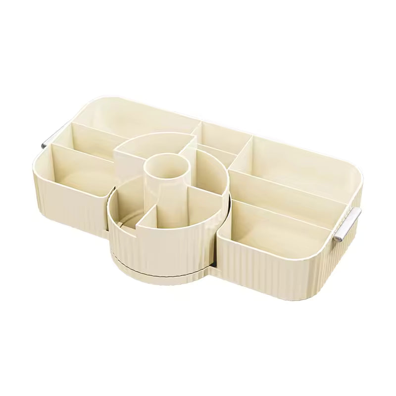 Cream-colored makeup organizer box for vanity with multiple compartments and rotating center section