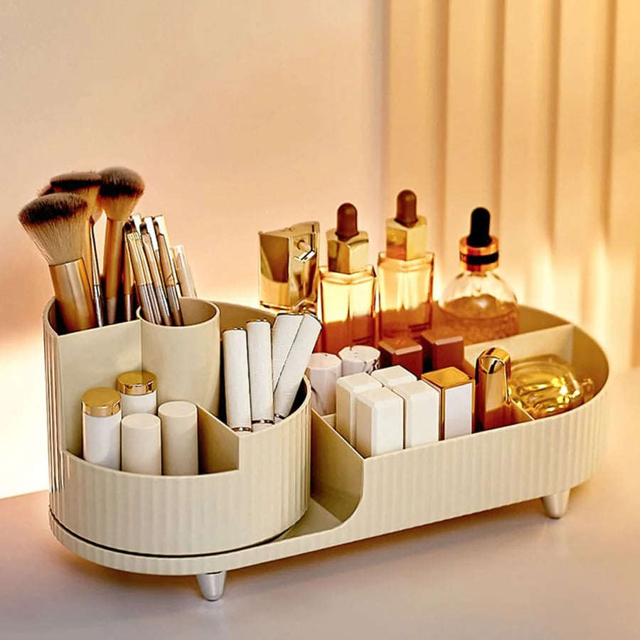 Beige makeup organizer for vanity holding brushes lipsticks and cosmetic bottles on a table