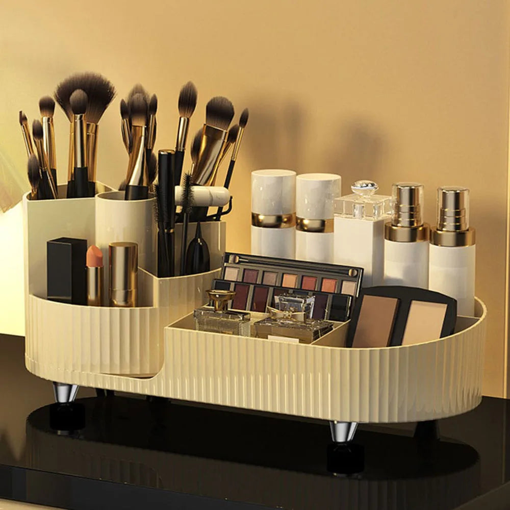 Elegant makeup organizer for vanity with multiple compartments holding brushes, lipstick, skincare bottles, and makeup palette