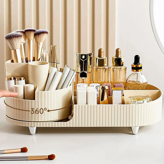 Clarify.pk beige makeup organizer for vanity with multiple compartments holding brushes and cosmetics