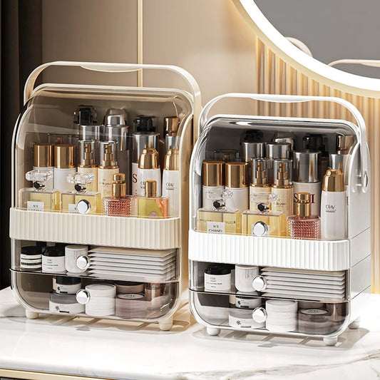 Makeup organizer storage with drawers in beige and white holding skincare and cosmetic bottles on a countertop