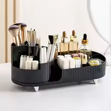 Clarify.pk black cosmetic storage rack as makeup organizer with compartments for brushes and bottles
