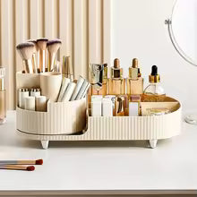 Clarify.pk cosmetic storage rack as a makeup organizer with compartments holding brushes and bottles neatly
