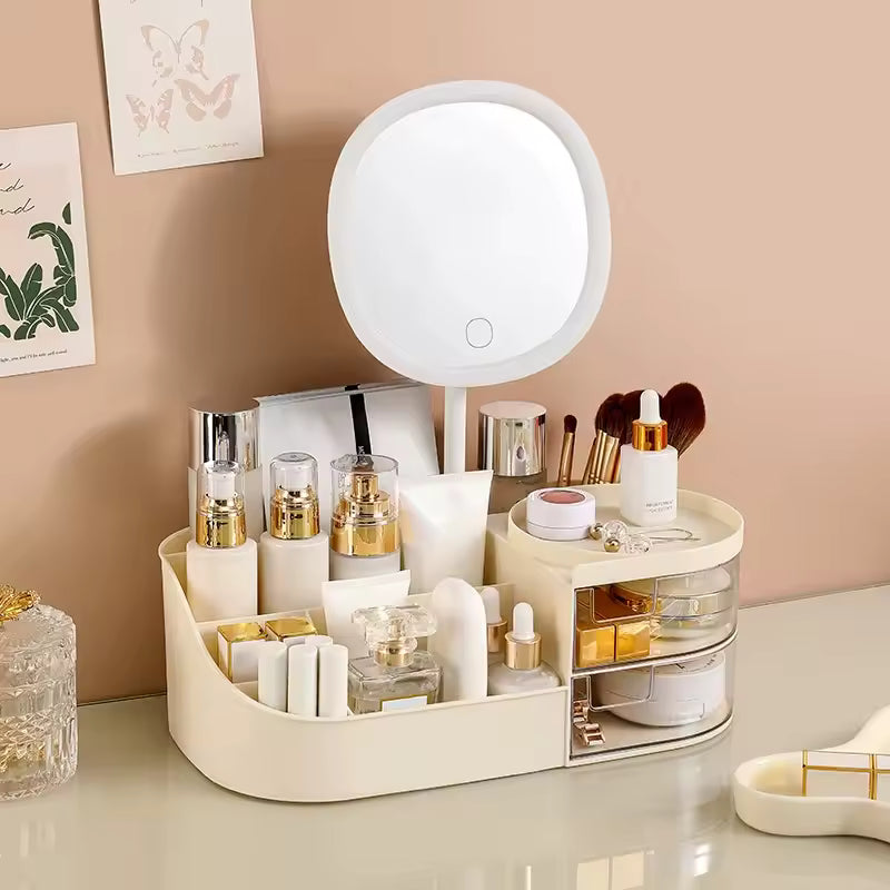 Clarify.pk makeup storage box with mirror organizing various cosmetics and brushes on vanity