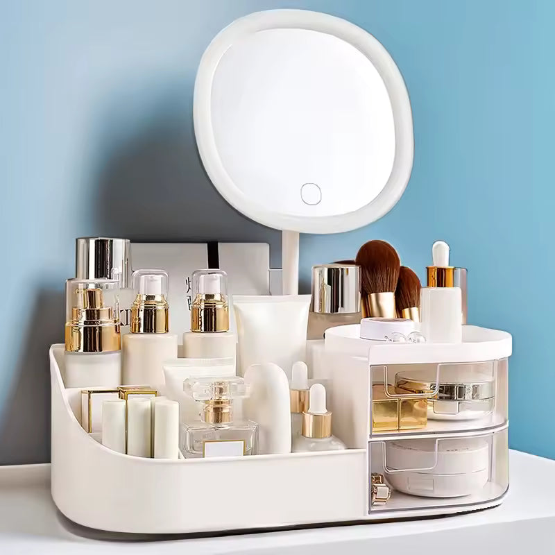 Clarify.pk makeup storage box with mirror holding various makeup bottles, brushes, and cosmetics
