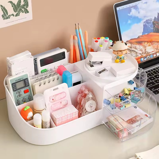 Clarify.pk makeup storage box with mirror holding various cosmetics and stationery on desk