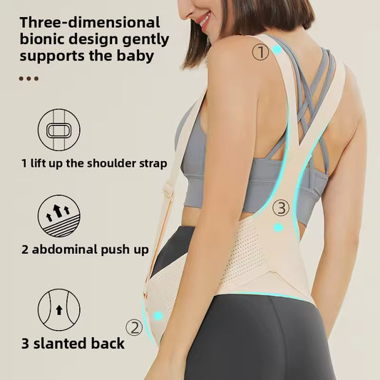 Beige maternity support belt on pregnant woman with straps abdominal lift and angled back pregnancy support belt for pain