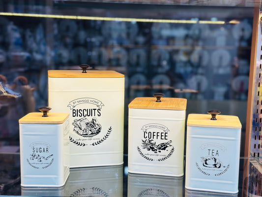 Airtight metal storage boxes set of four white canisters with bamboo lids labeled Biscuits Coffee Sugar Tea