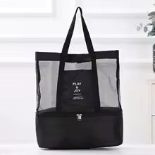 Clarify.pk black mesh beach bag with pockets including a zippered compartment for extra storage