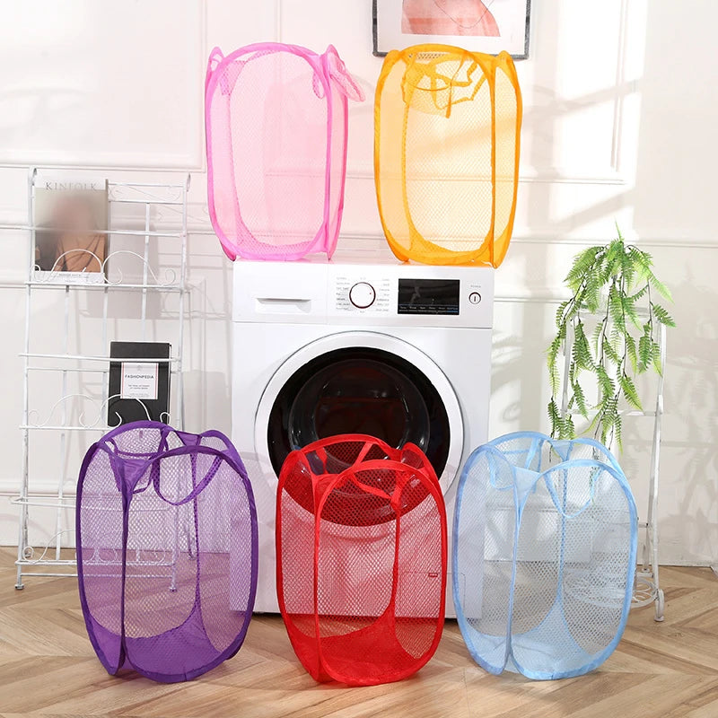 Clarify pk mesh foldable laundry basket in pink orange purple red and blue colors around washing machine