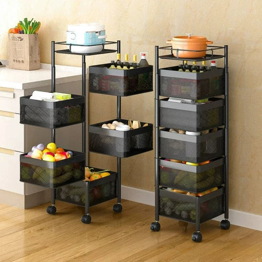 Clarify.pk black metal kitchen storage basket with multiple tiers and wheels for organized kitchen storage