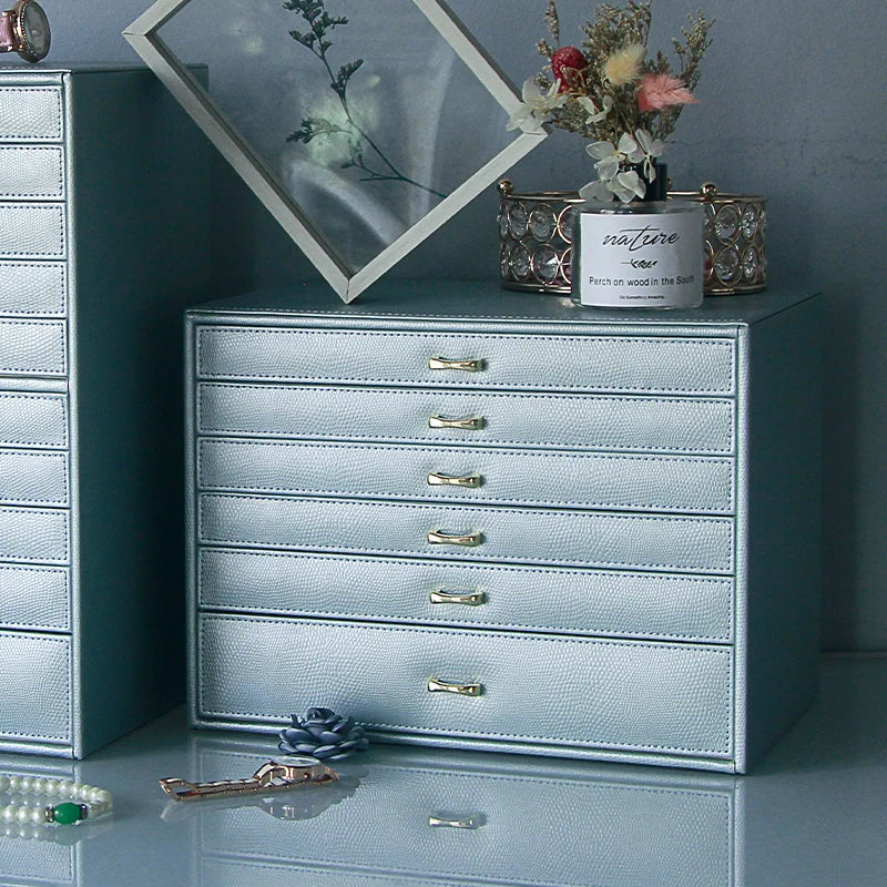 Clarify.pk 5 layer fashion jewelry storage box in light blue with gold handles and multiple drawers