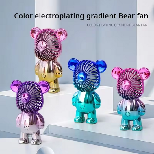 Color electroplating mini cartoon bear fan in pink, purple, gold, and blue with gradient finish