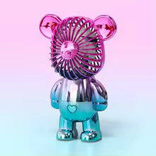 Mini cartoon bear fan in metallic pink and blue with cute bear ears and heart detail