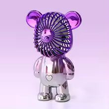 Mini cartoon bear fan in shiny purple and silver design with heart detail on chest