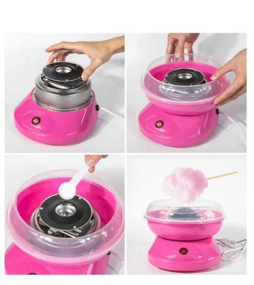 Clarify.pk pink mini cotton candy machine showing assembly and cotton candy making process