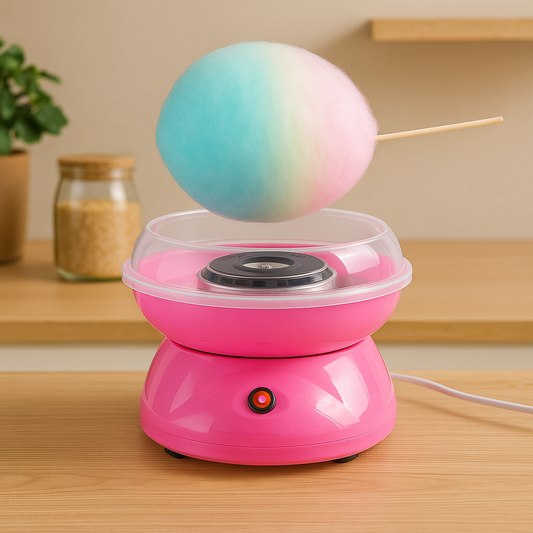 Pink mini cotton candy machine with colorful cotton candy on a wooden table