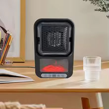 Clarify.pk mini portable room heater in black placed on a wooden desk with a glass of water