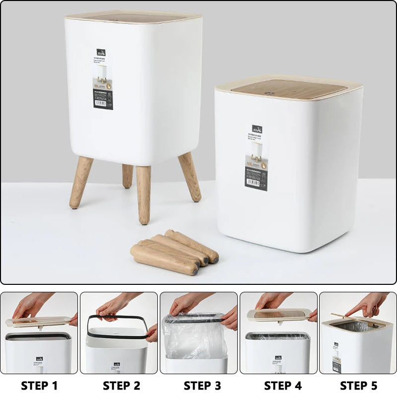 Clarify.pk modern square trash bin in white with wooden legs and lid shown with step-by-step assembly instructions