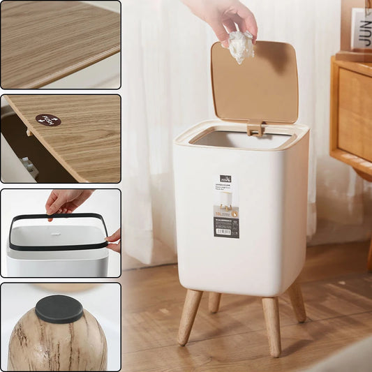 Clarify.pk modern square trash bin with wooden legs and soft-close lid in beige and white